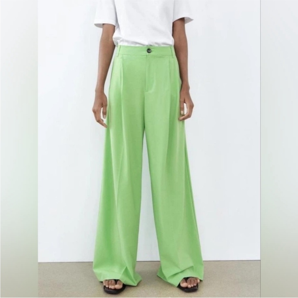 Zara high waist wide leg green pleat pants trousers sz.XS